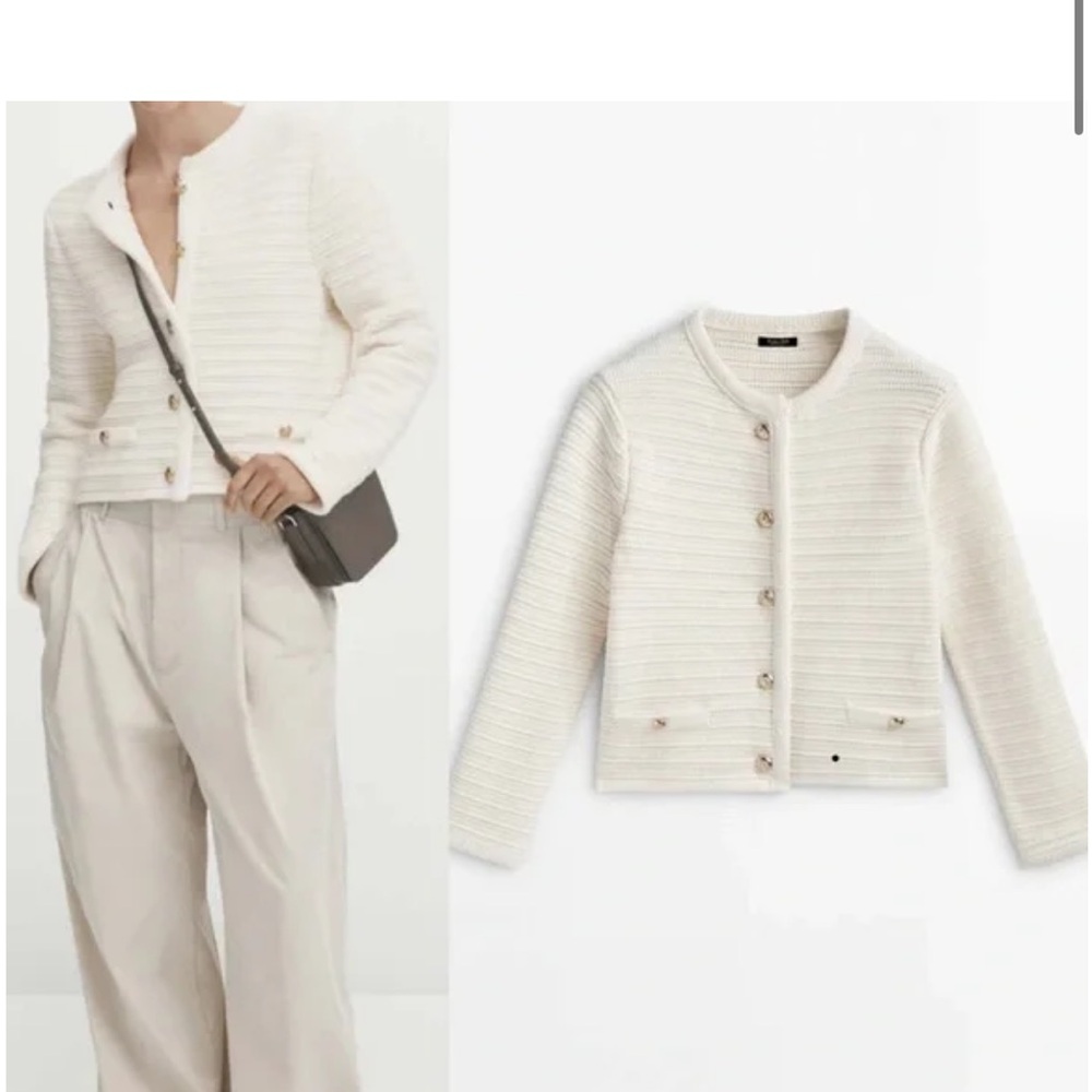 Massimo Dutti Textured knit cardigan with gold buttons CREAM S 5659/513 - Picture 3 of 11